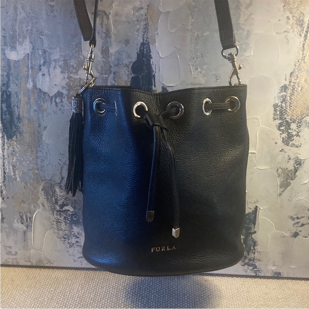 Furla Black Leather Drawstring Bucket Bag